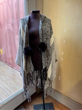 Cozy Gray & Cream Knit Poncho with Pom Pom Accents MSRP 69.00